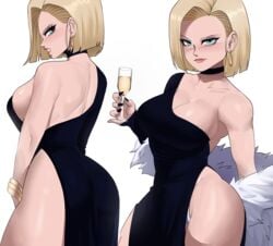 1girls 2021 android_18 back back_view bare_legs black_dress blonde_hair blue_eyes blush breasts clothed clothed_female dragon_ball dragon_ball_z echosaber elegant elegant_dress female female_only glass hi_res hips holding_object large_breasts looking_at_viewer panties pelvic_curtain short_hair sideboob simple_background slim_waist smile solo thick_thighs thighs very_high_resolution white_background white_panties wide_hips