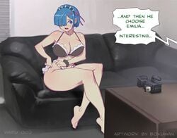 1girls bare_shoulders barefoot before_anal before_sex big_breasts bikini blue_eyes blue_hair bokuman breasts busty camera casting casting_couch couch english_text feet female female_only hair_over_one_eye human imminent_sex interview large_breasts maid maid_bikini maid_headdress matching_hair/eyes re:zero_kara_hajimeru_isekai_seikatsu rem_(re:zero) sofa speech_bubble text thick_thighs thighs uncensored x_hair_ornament