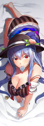 all_fours ass barefoot black_bra black_panties blue_hair blush bra breasts cleavage condom condom_in_mouth condom_wrapper hat large_breasts lingerie looking_at_viewer looking_up mouth_hold neropaso panties red_eyes skirt skirt_up striped_panties tagme tenshi_hinanawi touhou vertical_splits