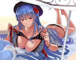 ass ass_cleavage bikini black_bikini blue_hair blush breast_press breasts butt_crack flower flower_in_hair hair_ornament hat legs_up looking_at_viewer lotion lotion_bottle lying neropaso no_pants on_stomach red_eyes striped_bikini tagme tenshi_hinanawi touhou vertical_stripes