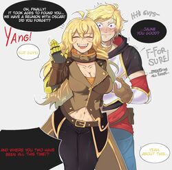 1boy 1girls big_breasts blonde_hair blush breasts closed_eyes dialogue english_text female fully_clothed hentaly human implied_handjob jaune_arc long_hair male pants_down rwby short_hair speech_bubble sweat text thighs yang_xiao_long