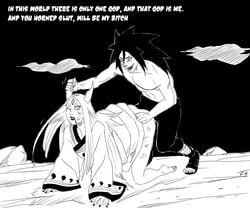 1boy black_and_white half-dressed horn_grab kneeling male naruto naruto_(series) naruto_shippuden one_eye_closed otsutsuki_kaguya scratches uchiha_madara