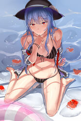 barefoot bikini black_bikini blue_hair blush hat long_hair looking_at_viewer looking_up navel neropaso red_eyes striped_bikini tagme tenshi_hinanawi thighs touhou vertical_stripes wariza wet