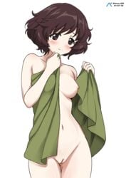 1girls 2018 acrux akiyama_yukari ass_visible_through_thighs bare_shoulders belly_button blush blushing breasts brown_eyes brown_hair color colored eyebrows_visible_through_hair female female_only girls_und_panzer green_towel hairless_pussy human human_female human_only light-skinned light-skinned_female light_skin looking_at_viewer matching_hair/eyes nipple nipples no_background only_female pussy shaved_pussy short_hair smile smiling smiling_at_viewer solo solo_focus thighs towel towel_only transparent_background uncensored vagina