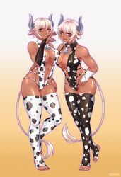 bat-kat0 cow_girl cow_print dark_skin feet female final_fantasy final_fantasy_xiv horn queen_twins roegadyn tail thighhighs twins