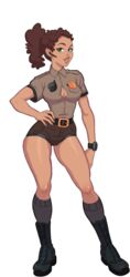 1girls 2020 black_boots brown_hair character_profile character_sheet clothed_female curly_hair earpiece female_focus female_only florence_(kink_inc.) green_eyes hand_on_own_hip kink_inc. light-skinned_female long_socks looking_at_viewer model_sheet nutaku police_uniform policewoman ponytail security_guard security_uniform shortshorts solo_female solo_focus tan-skinned_female tender_troupe thick_thighs transparent_background unbuttoned_shirt