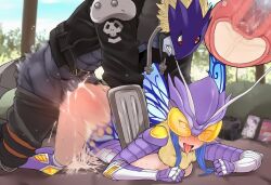 1boy 1boy1girl ahe_gao ahegao_face ai_generated armor armored_female armored_gloves beelzemon blue_hair blue_wings breasts butterfly butterfly_wings cum cum_in_pussy cum_inside dark-skinned_male dark_skin digimon digimon_(species) doggy_style enjoying enjoying_sex excessive_cum eyes_visible_through_eyewear eyewear female female_focus helmet hudiemon insect_girl insect_wings insects large_breasts leotard orgasm orgasm_face sex shoulder_pads sidelocks wings womb womb_penetration x-ray