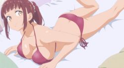 all_fours animated ass ass_cleavage back bangs bare_shoulders beach bed bikini blunt_bangs breast_press breasts butt_crack cheer-chan_(tawawa) cleavage collarbone dimples_of_venus feet female getsuyoubi_no_tawawa large_breasts looking_at_viewer lying navel ocean on_bed on_stomach outdoors pillow pink_bikini ponytail red_hair sand sandals screencap side-tie_bikini sideboob sidelocks sky smile solo stomach swimsuit thighs yellow_eyes