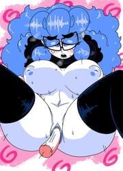 1girls ahegao almkornkid big_breasts black_stockings blue_eyeliner blue_hair blue_nipples breasts em_(character) erect_penis erection freckles glasses heart-shaped_pupils looking_pleasured navel nipples open_mouth penis rectangular_eyewear rectangular_glasses sitting sitting_sex solo solo_female vaginal_penetration white-skinned_female white_skin