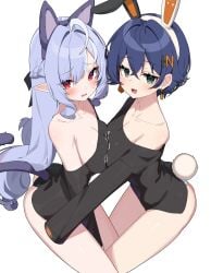 2girls belle_(zenless_zone_zero) belly_button blue_hair breast_press breasts bunny_ears bunny_tail cat_ears cat_tail cleavage embarrassed female green_eyes high_resolution highres large_breasts long_hair looking_at_viewer medium_breasts multiple_girls open_mouth panties purple_hair red_eyes shirt short_hair smile standing tail thighs underwear vivian_banshee wak_kun white_background zenless_zone_zero
