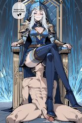 1boy ai_assisted ai_generated ashe_(league_of_legends) black_hair blue_eyes boot_fetish boots cum dominant_female facesitting female femdom heel_boots heeled_boots heels high_heel_boots high_heels league_of_legends looking_at_viewer male malesub muscular_male riot_games sanivis sitting sitting_on_face sitting_on_person smile stable_diffusion stepped_on stepping_on_penis text thigh_boots throne white_hair