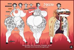 5_fingers anthro areola ass bandeau big_areola big_breasts big_butt black_eyelids black_hair black_lips bottomwear breasts brown_bandeau brown_bottomwear brown_clothing brown_loincloth brown_scarf brown_topwear character_name clothed clothing curvy_figure female fingers front_view giraffe giraffid grey_body hair hand_on_chest hand_on_hip hi_res hooves horn hourglass_figure huge_breasts huge_butt huge_hips huge_thighs inverted_nipples jacket lips loincloth long_neck long_tongue magena_(starock) mammal model_sheet nipples nude orange_background orange_clothing orange_jacket orange_topwear ossicone pink_tongue puffy_areola rear_view scarf short_hair simple_background skirt solo standing tail tan_bottomwear tan_clothing tan_scarf tan_skirt text thewilldpink thick_lips thick_thighs tongue topwear white_body wide_hips