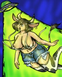 accidental_exposure alien_abduction areola_slip areolae cow_bikini cow_ears cow_girl cow_horns cow_tag cow_tail cowprint earrings floating jean_shorts kemonomimi large_breasts night nipple_slip nipples nsfwulf thick_lips thick_thighs ufo wardrobe_malfunction watermark wide_hips