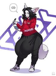 anthro baggy_pants ball_bulge balls_outline big_balls big_bulge big_penis black_clothing black_pants boosterpang bulge bulge_through_clothing caleb_(dingah) canine curvy dark_hair ear_fluff femboy feminine_male fluffy_ears fluffy_tail full_body furry hoodie huge_balls huge_bulge huge_cock hung_trap hyper_bulge hyper_cock_femboy long_balls looking_at_viewer male_only penis_outline red_clothing red_hoodie signing smug sneakers solo solo_male sweatpants sweatshirt tail track_pants white_ears wide_hips