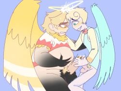 abel_(hazbin_hotel) angel angel_wings chimeracocks frotting half-closed_eyes halo hazbin_hotel holding_each_other male male/male partially_clothed penis penis_size_difference precum saint_peter_(hazbin_hotel) size_difference