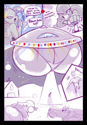 4_fingers abduction absurd_res accessory alien alien_abduction alien_girl alien_humanoid ass_cleavage barn big_breasts black_border border bovid bovine breasts butt_crack cattle classic_alien clothed clothing comic curvy_figure dialogue dingoringo30 empty_eyes english english_text female feral fingers floating flower flower_in_hair fully_clothed grey_body grey_skin grin hair hair_accessory hat headgear headwear hi_res holstein_friesian_cattle human humanoid lipstick makeup male mammal not_furry_focus open_mouth outside overalls plant shortstack sky smile spacecraft speech_bubble teeth text tongue tractor_beam vehicle voluptuous wide_hips