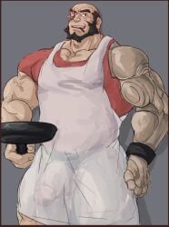 apron balls bara beard big_penis cigarette cowboy_bebop facial_hair frying_pan gay glensaru jet_black male male_only muscles muscular penis prosthetic_arm see-through_clothing solo solo_male