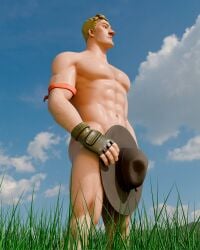 1boy 3d 3d_(artwork) 3d_artwork abs blonde_hair blonde_hair_male blonde_male blue_eyes field field_background fields fortnite gloves grass grass_field grassy_field gunnsteam hat_on_penis hiding_dick hiding_penis jonesy_(fortnite) male male_only naked naked_male nature nature_background no_visible_genitalia nude nude_male public public_exposure public_nudity six_pack solo solo_male standing wholesome wholesome_nudity
