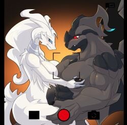 2025 anthro ass big_muscles big_nipples big_pecs black_body black_scales blue_eyes blush breast_to_pecs breasts_on_pecs camera_hud digital_drawing_(artwork) digital_media_(artwork) dragon duo female fur furred_dragon furred_scalie generation_5_pokemon leg_grab legendary_pokemon looking_away male male/female muscular muscular_anthro muscular_male mythological_creature mythological_scalie mythology nintendo nipples on_lap pec_grab pecs pokemon pokemon_(species) recording red_eyes reshiram scales scalie shy sitting_on_lap thick_thighs thigh_grab white_body white_fur zaqiizawa zekrom