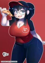 1girls big_breasts black_hair blue_eyes braces breasts cleavage eye_contact fast_food_uniform female female_only food freckles freckles_on_breasts glasses jeans large_breasts light-skinned_female light_skin looking_at_viewer miiyauwu pizza pizza_thot rizkitsuneki shark_teeth sharp_teeth solo solo_female tagme thighs tips_(gats) visor voluptuous