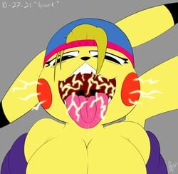 1girls 2021 anthro anthrofied big_breasts breasts buckteeth cleavage electricity fangs female female_only hat large_breasts long_ears looking_at_viewer looking_down looking_down_at_viewer mouth_shot nintendo partially_clothed pikachu pokemon saliva saliva_drip solo solo_female supermoonshroom tail tongue tongue_out uvula watermark yellow_hair