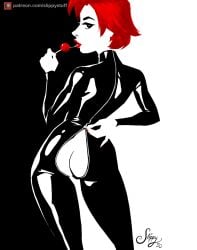 1girls female latex lollipop looking_back open_clothes presenting_ass red_hair red_lipstick seduction_techniques seductive_pose slippystuff
