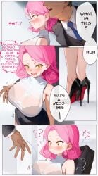 1boy 1girls amber_eyes big_breasts bra bra_visible_through_clothes breasts comic eden_(shiroki_yuutsu) female high_heels horny horny_female male office office_clothing office_lady pencil_skirt pink_hair pussy_juice pussy_juice_drip question_mark secretly_loves_it sitting skirt tagme translucent vanilla_(eden_(shiroki_yuutsu))