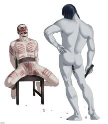 bleeding bleeding_male blood blood_on_breasts blood_on_face bondage cuts erection gay homosexual knife knifeplay male male/male male_only male_with_knife masculine no,_i'm_not_a_human on_chair only_male penis protagonist_(no,_i'm_not_a_human) standing vigilante_(no,_i'm_not_a_human)