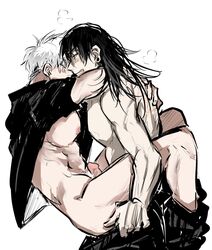 2boys anal anal_sex arms_around_neck black_hair clothing gay genitals hand_on_thigh jujutsu_kaisen male male/male male_focus male_only male_penetrated male_penetrating male_penetrating_male mrjieshisu open_shirt pants pants_down penis pubes pubic_hair satoru_gojo stand_and_carry_position suguru_geto thigh_grab white_background white_hair yaoi