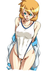 abs arikawa blush breasts cameltoe clothing cowboy_shot female game_freak green_eyes jacket kasumi_(pokemon) legs medium_breasts misty_(pokemon) misty_(pokemon_hgss) muscle nintendo nipples one-piece_swimsuit open_clothes open_jacket open_mouth orange_hair pokemon pokemon_(game) pokemon_gsc pokemon_hgss simple_background smile solo standing swimsuit thighs vagina white_background white_jacket white_swimsuit