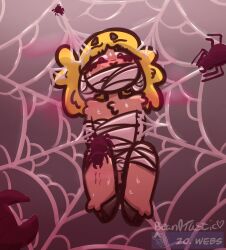 anthro arachnid arms_tied arthropod balls bean0tastic beanie_(bean0tastic) bite bite_mark blonde_hair blood bodily_fluids bound bovid caprine eyelashes genitals hair hi_res hooves hypnosis hypnovember legs_tied male mammal mind_control sheep solo spider spider_web sweat sweatdrop tagme