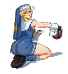 1boy 2025 2d 2d_(artwork) alohapz artist_name ass ass_focus big_ass black_gloves blonde_hair blue_shoes bridget bridget_(guilty_gear) bubble_butt classic_bridget cross cuffs dat_ass dress fingerless_gloves gloves guilty_gear guilty_gear_xx highres kneeling looking_at_viewer looking_back male male_focus male_only nun on_knees otoko_no_ko questionable sassy shoes simple_background sitting solo solo_male thighs tongue tongue_out trap twink white_background yablofap yo-yo