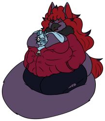 2025 absurd_res anthro ass belly between_breasts big_belly blue_eyes blush breasts butt_focus cherryterror chibi claws cuddling detailed emote english_text female freckled_butt freckles generation_5_pokemon genitals glowing glowing_genitalia hi_res hooded_jacket huge_belly hyper hyper_belly lagomorph larger_female love_handles male mammal morbidly_obese morbidly_obese_anthro morbidly_obese_female nintendo obese obese_anthro obese_female overweight overweight_anthro overweight_female pokemon pokemon_(species) sergal shaded simple_background simple_coloring simple_shading size_difference smaller_male smile smiling_at_viewer sticker tail text thick_tail thick_thighs toe_claws wide_hips zoroark