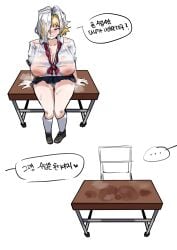 ... 1girls ass_print big_breasts blonde_hair blush butt_print cat_nip desk female female_focus hair_over_one_eye huge_breasts kromer_(limbus_company) limbus_company nipples open_mouth partially_clothed presenting project_moon pussy_juice pussy_print ribbon school_uniform see-through_clothing short_hair sitting solo_focus steam steaming_body sweat text thick_thighs translation_request two-tone_hair white_hair