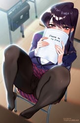 1girls 2d artist_name barefoot blush chair english_text female female_only first_time half-closed_eyes komi-san_wa_komyushou_desu komi_shouko legs light-skinned_female light_skin looking_at_viewer no_shoes notebook pale-skinned_female pale_skin pantyhose pov pov_eye_contact purple_eyes pussy school_uniform seductive sitting skirt skirt_lift solo text thick_thighs thighs tofuubear watermark