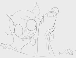 1boy 1girls blush female fully_clothed huge_cock huge_penis jaiden jaiden_animations lineart looking_at_penis nervous penis penis_awe surprised sweaty touching_thigh vaz0v veiny_penis youtube