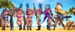 6girls ai_assisted ai_generated alternate_version_at_source alternate_version_available ass ass_focus bangs bangs_over_eyes bangs_over_one_eye beach beach_background bikini blonde_female blonde_hair blue_bikini breasts clash_(series) clash_royale cleavage edit edited edited_official_artwork evolution_musketeer_(clash_royale) female female_focus female_only gun hero_musketeer_(clash_royale) littlebigdih looking_at_viewer musket musketeer_(clash_royale) pink_hair posing posing_for_picture posing_for_the_viewer purple_bikini purple_eyes purple_hair realistic_proportions three_musketeers_(clash_royale) turret weapon white_bikini