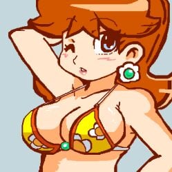 1girls 3_dev_adam arm_behind_head armpits big_breasts bikini blue_eyes brown_hair busty hi_res large_breasts looking_at_viewer luigi64 mario_(series) nintendo oekaki one_eye_closed parted_lips pose posing princess princess_daisy sensual short_hair wink