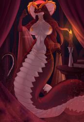absurd_res accessory albtraumwach apode areola book breasts candle candlelight claws draconcopode fangs female hair hi_res horn hybrid inside legless licking licking_lips light living_tail moon moonlight multicolored_body multicolored_hair naga nipples red_moon reptile scales scalie serpentine snake snake_tail solo tail teeth tongue tongue_out unusual_anatomy unusual_tail venrix yellow_claws yellow_eyes yellow_nipples