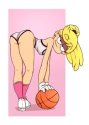 1girls basketball basketball_shorts basketball_uniform bedroom_eyes bent_over blonde_hair cosplay drawsoyeah eyelashes eyeshadow gloves gym_uniform lola_bunny_(cosplay) lola_loud looking_at_viewer nickelodeon ponytail seductive_look seductive_smile shorts showing_ass smile solo space_jam the_loud_house