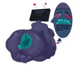 2boys ass breasts file_isgone funny gay hyper hyper_balls hyper_belly hyper_breasts hyper_butt oc satire vore vore_belly vox_(hazbin_hotel)