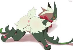 anthro anus biped blush female finger_fuck fingering fingers fur generation_9_pokemon genitals green_body green_fur green_tail hi_res masturbation meowscarada multicolored_body nintendo pawdpads pokemon pokemon_(species) red_body red_eyes sarox shadow simple_background solo tail vaginal_penetration vulva white_background