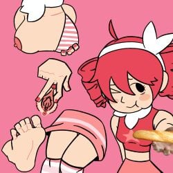 1girls above baguette black_eyes breast_grab breasts chewing disembodied_foot feet female female_focus female_only flavor_foley hair hair_ornament himerosndraw idol kasane_teto legwear light_skin looking_at_viewer mv_character one_breast_out one_eye_closed pubic_hair red_eyes red_hair self_upload skirt spoken_for_(flavor_foley) spread_pussy tagme utau