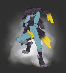 :3 anthro balls black_eyes blue_body blue_fur clothed clothing clothing_lift felid feline fur genitals grey_background grey_body grey_fur hat headgear headwear heishou_pack-mao_branch_(project_moon) hybrid lagomorph legwrap leporid limbus_company male mammal melee_weapon navel nonbinary_(lore) penis project_moon rabbit robe simple_background standing straw_hat sword weapon xing1 yellow_balls yellow_penis yellow_sclera zaya_(bleau)