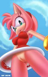 1girls 2015 amy_rose anthro blue_eyes bottomless breasts clothed clothes clothing day dress erect_nipples erect_nipples_under_clothes eyelashes female female_only genitals hairband medium_breasts no_panties open_mouth pink_hair pink_skin pussy short_hair sif_(artist) sky solo solo_female sonic_(series) worm's-eye_view