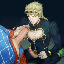 2boys blonde_hair chenchen_(artist) closed_eyes clothed cum cum_on_face cumshot ejaculation erect_penis erection gay giorno_giovanna guido_mista head_out_of_frame jojo's_bizarre_adventure male male_only veiny_penis vento_aureo yaoi