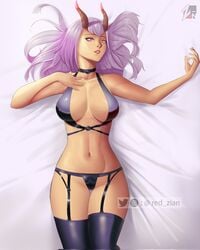 alice_(mobile_legends) athletic_female bed bed_sheet black_lingerie demon_girl light_skin lilac_hair lingerie mobile_legends mobile_legends:_bang_bang red_zian thighhighs thighs