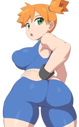 1girls ass big_ass big_breasts big_butt breasts green_eyes kabeume kasumi_(pokemon) looking_back misty_(pokemon) misty_(pokemon_frlg) nintendo nipple_bulge orange_hair pokemon pokemon_frlg pokemon_rgby short_hair shorts sideboob solo spandex_shorts sports_bra standing thick_thighs thighs tight_clothing tight_shorts tomboy