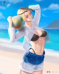 asymmetrical_hair beach beach_ball black_bikini light_skin lunox_(mobile_legends) magenta_eyes mobile_legends mobile_legends:_bang_bang shorts underwear