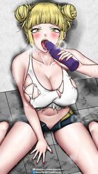 1girls bailey_mcpatty bangs belt big_breasts blonde_hair blush breasts cleavage collarbone crop_top detailed_background dildo drooling fangs hi_res highres himiko_toga huge_breasts large_breasts licking licking_dildo looking_at_viewer my_hero_academia on_knees open_mouth ripped_clothing saliva sex_toy short_hair short_shorts shorts sitting solo sweat teeth thick_thighs thighs tongue tongue_out torn_clothes twintails unbuttoned unbuttoned_shorts yellow_eyes